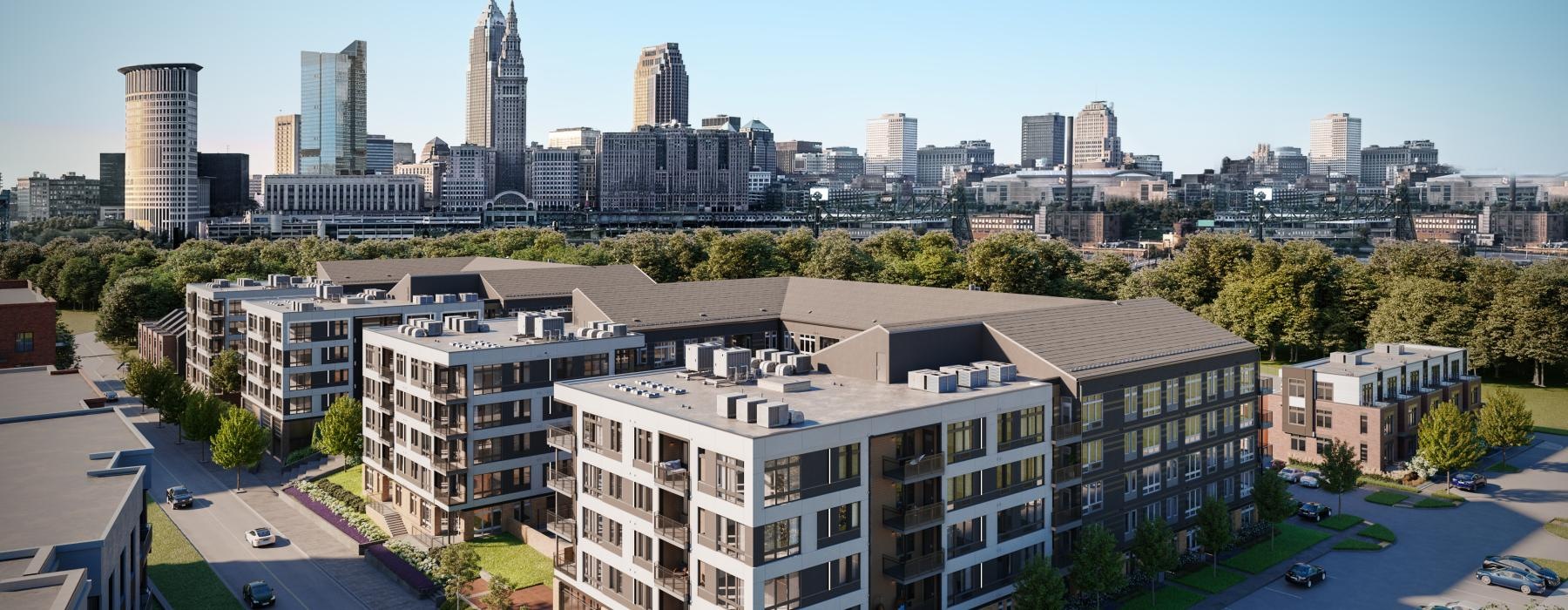 a high angle view of a building with a city in the background